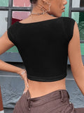 Black Short Sleeve Ribbed Crop Top-Outfit