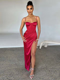 Corset Split Ruched Dress Sexy Spaghetti Strap Bodycon Pleated Dress 2023 Long Summer Dreeses for Women Party