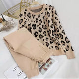 Print Knitted 2 Piece Sets For Women Casual Loose V-neck Sweater Pullovers Outfits And Contrast Color Harem Pants