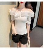 Neck T Shirts Girls Patchwork Stretchy Slim Tshirt Top Women Summer Black White Short Sleeve Tees With Straps-Outfit