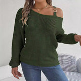 Shooting 2025 Autumn And Winter Casual Metal Buckle Splicing Shoulder Lantern Sleeve Sweater Women's