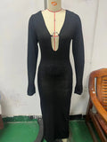 Fongt V-Neck Sexy Long Knit Dress Ring Open Back Long-Sleeved Wool Dress-Outfit