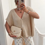 Fongt Women's Knit Cardigan Jacket Summer And Autumn Hollow Out Sleeveless V-Neck Jacket Sweater Women's