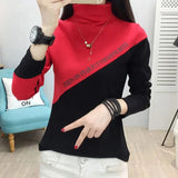 High Collar All-match Slim Thick Tops Female Autumn Winter Spliced Printed Long Sleeve Pullovers T-shirt Women's Clothing-Outfit