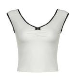 Trend Sweet And Spicy Style Small Sexy V-Collar Bow Splicing Color Slimming Vest T-Shirt 2024 Spring / Summer New Style-Outfit