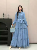 Fongt High-End Retro Collar Single Buckle Lantern Sleeve Dress Women's Hollow Lace To Receive Long Waist Skirt