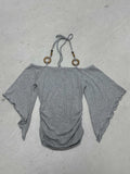 Fongt Shoulder Design Beads With Hanging Neck Horn Sleeve Tops The Folding Tight Waist Thin Knitting Temperament Top
