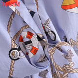 2021 Summer Women Print Bow Blue Blouse Long Sleeve Chic Female Crop Shirt Blusas Femininas