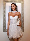 White Polka Dot Strapless Frill Mini Dress With Drape Scarf-Outfit