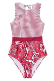Fongt New Print Striped One-Piece Bikini Swimsuit Sexy Leaf Patchwork Triangle Women's