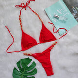 Fongt New Sexy Thong Bikini Metal Chain Rope Swimsuit Split Band Solid Color Women's