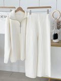 and Winter Zipper Sweaters Set Thickening Warm Knitted High Waist Women Pants Suit White Elegant Two Piece Set for