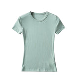 Summer New Women's Elastic Thread Solid Color T-Shirt Basic Short-Sleeved Large Round Neck Long Blouse-Outfit