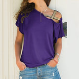 Women Skew Neck Irregular Criss Cross Blouse Patchwork Solid Tops Blusa Femme One Shoulder Summer Shirt Hollow Plus