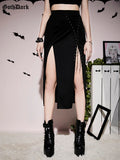 Dark Grunge Bandage High Split Sexy Midi Skirts Mall Gothic Techwear Irregular Eyelet Long Skirt For Women Black