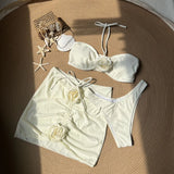 2024 New Sexy Rose Slings Solid Three-Piece Set Swimsuit