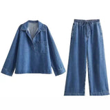Fongt Women's Clothing INS Burst Fashion Loose Collar Long Sleeves Denim Blouse Trouser Cover