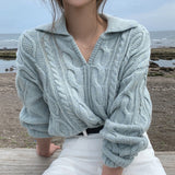 Lapel small V-neck twist knit sweater-Outfit