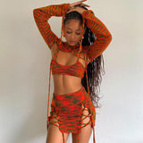 Piece Set Women Knitted Outfits Sexy Long Sleeve Ribbons Crop Top+Camisole+Hollow Out Lace Up Mini Skirts 2023 Fall