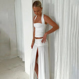 Halter Tube Top Slit Midi Skirt Set-Outfit