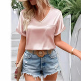 Women's Satin Satin V-Collar Pocket T-Shirt Curling Short-Sleeved Loose Casual Blouse-Outfit