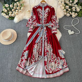 Fongt Retro High-End Lantern Long-Sleeved Print Dress Female Light Luxury Elegant Single Buckle Waist Swing Dress