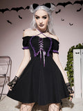 Dark Harajuku Cute Hettuce Hem A-Line Dresses Gothic Grunge Lace Up Off Shoulder Mini Dress egirl Sexy Alternative