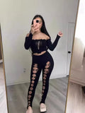 Fongt Female Solid Color Round Collar Hollow Lace Sexy Body Repair Knit 2 Pieces