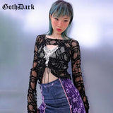 Dark Y2k Punk Lace See Through T-shirts Harajuku Cute Women Sexy Drawstring Camis Cut Out Crop Tops 2000s Aesthetic 2pc