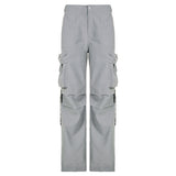 Fongt Hottie Vintage Tie Multi-Pocket Cargo Pants Female Low Waist Loose Straight Pleated Spindle Pants-Outfit