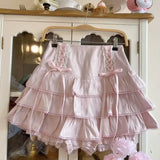Kawaii Lolita Style Pleated Skirts Women High Waist Pink Bandage Fairy Y2k Aesthetic Skirt Cute Faldas Mujer Moda 2023-Outfit