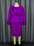 Fongt Round Collar Horn Sleeve Temperament Dress Party Wind Lotus Leaf Side Squint High Waist Dress Dress