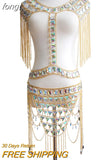 Rhinestones Two Piece Outfits Women Hollow Out Tank Top Link Chain Tassels Skirts 2 Piece Set Party Club Summer