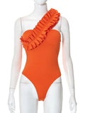 Sexy Ruffles Slant Shoulder Cut Out Bodysuits Women Sleeveless Solid White One Piece Rompers 2022 Summer Beach Holiday