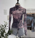 Real Shooting Denim Pattern Dye Printing Retro Babes Thin Mesh T-Shirt High-Necked Long Sleeve Bottom Shirt Top