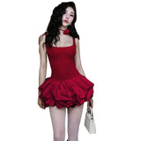 Fongt Autumn And Winter Women's New Pure Color Temperament Sexy Square Collar Taut Puffed Skirt Sleeveless Dress Women