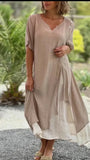 Fashion V-Neck Short-Sleeved Fake Two Asymmetrical Dress Women's Dress 2025 Spring And Summer