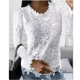 Fashion V Neck Long Sleeve Lace Crochet Blouse Women Summer Hollow Out Tops Sexy Holiday Beach Cover Up Shirt Solid