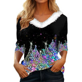Fongt Wear 2024 New Christmas Elements Print Long Sleeve V Collar Women's T-Shirt-Outfit