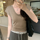 Solid Color U-Collar Short-Sleeved T-Shirt Women's New Springy Slim, Simple And Easy To Wear In