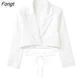 ZBZA 2023 Spring Elegant Blazer For Women Notched Long Sleeves Lace Up Bowknot Blazers Female Summer Coat