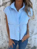 Fongt New Leisure Summer Loose Short-Sleeved Button Pocket Cotton Shirt Woman