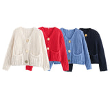 Fongt Women's Solid Color Single Buckle Double Pocket Short Thick Knit Shirt Coat Top B66004