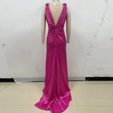 Pink Satin Deep Neck Pleated Maxi Dress-Outfit