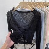 Fongt Ice Silk Knitted Cardigan Long Sleeve 2024 Summer Black Outer Short Air Conditioning Shirt Sunscreen Shawl