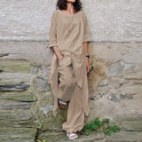 ZANZEA Fashion 2PCS Wide Leg Pants Sets Spring O-Neck Long Sleeve Blouse Suits Oversized Women's Tracksuit Casual Solid