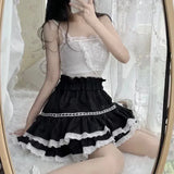 Black Lace Trim Ruffles Mini Skirt-Outfit