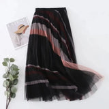 Fashion Patchwork Striped Print Pleated Skirt Elegant Office Lady Commute All-match Elastic High Waist Tulle Midi Skirts-Outfit
