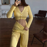 Fongt 2025 New Knitted Set Of Women's Fluorosclumned Casual Solid Color Hollow High-Waisted Trousers Commuting Suit