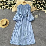 Fongt And Autumn New French Retro Hollow Hook Lace Spliced Lantern Sleeve Dress Strapped Waist Temperament Dress